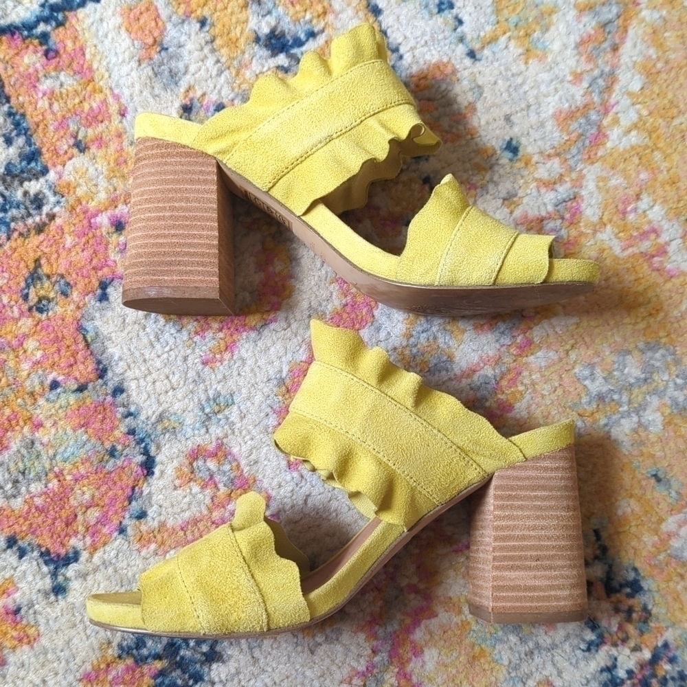 Free People Rosie Ruffled Suede Leather Open Toe Heeled Sandals Chartreuse 36 - Picture 6 of 16